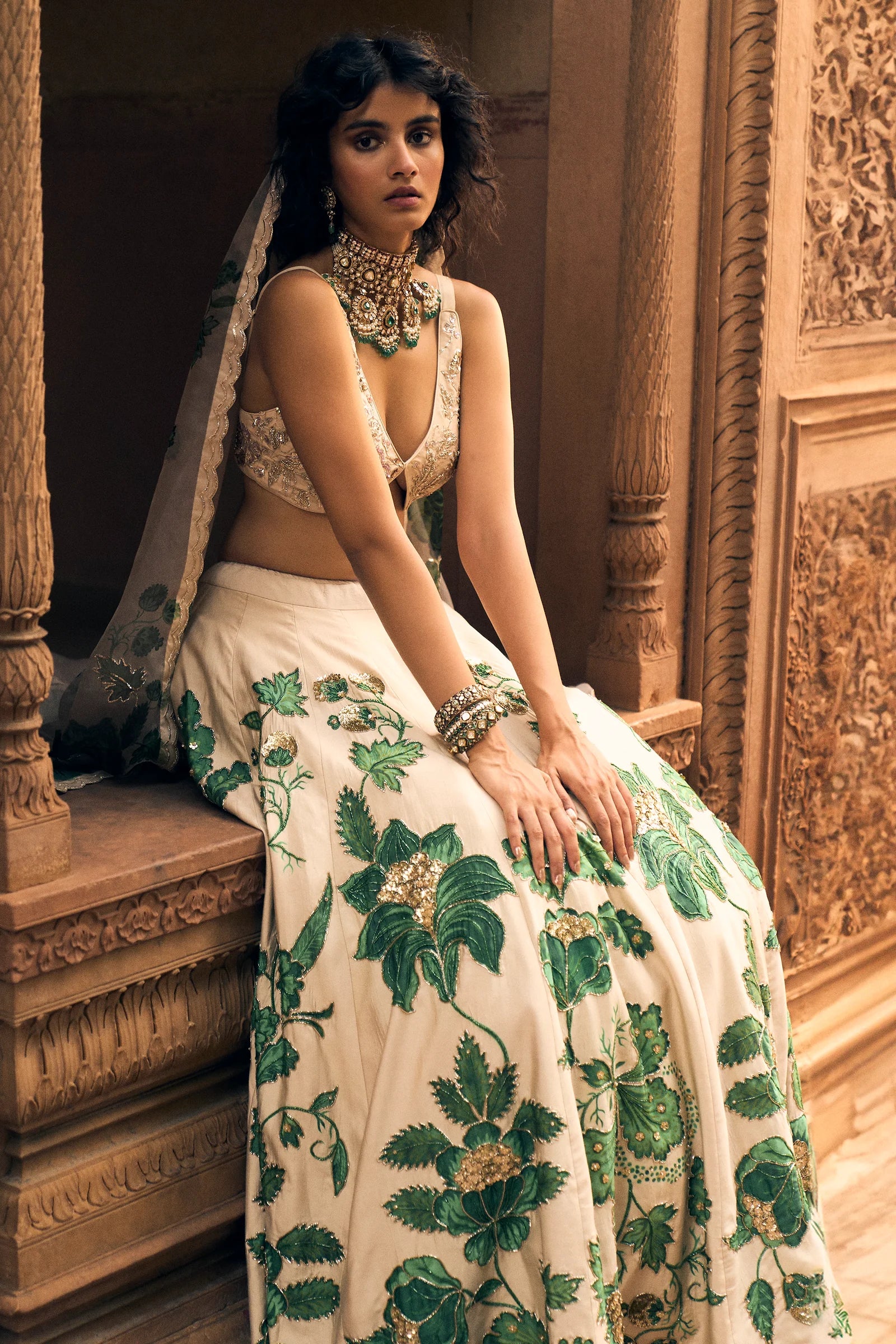 Ivory and Green Floral Print Lehenga - Image 2