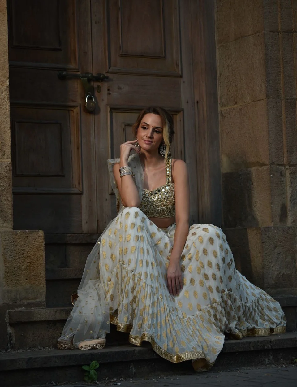 Ivory and Mirror Bustier Lehenga Set - Image 4
