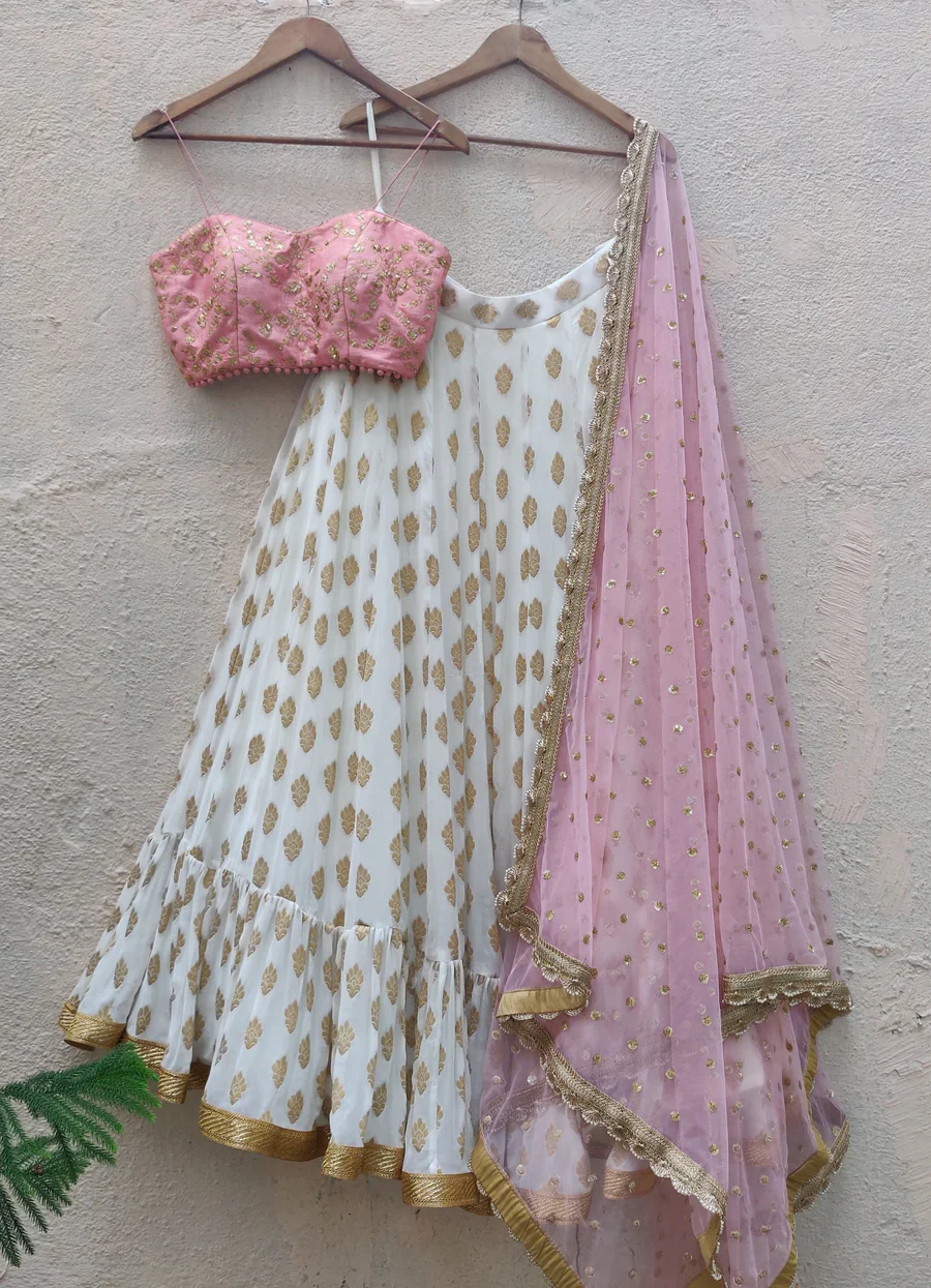Ivory And Pink Lehenga Set