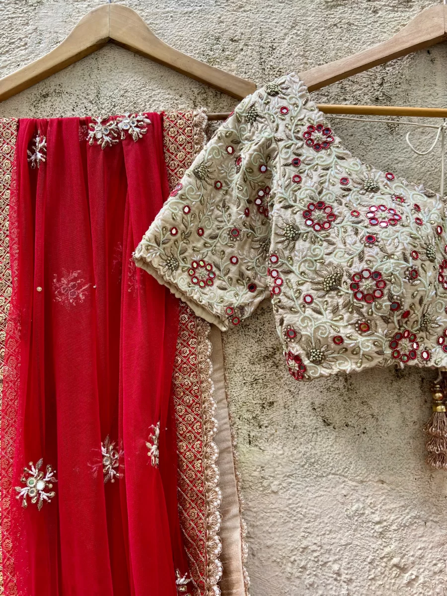 Ivory And Red Bridal Thread And Mirror Work Lehenga Set - Image 3