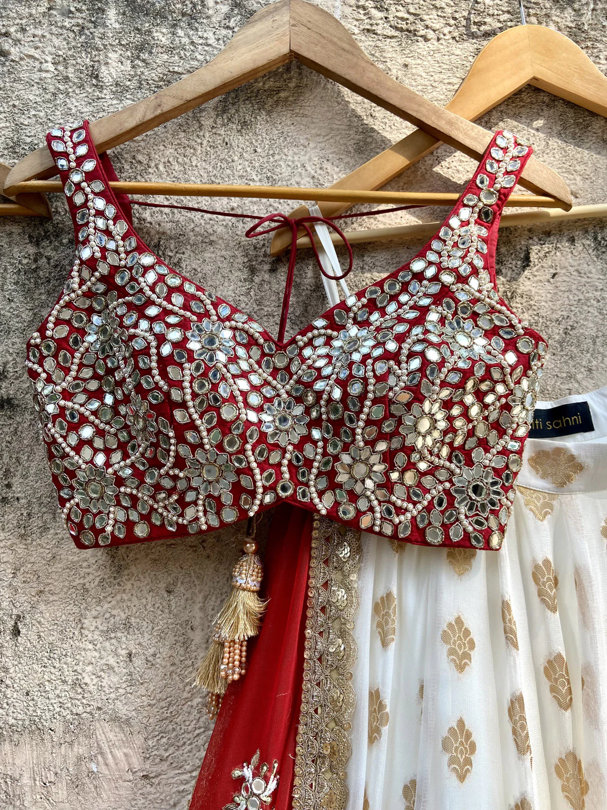 Ivory and Red Ruffle Lehenga Set - Image 2