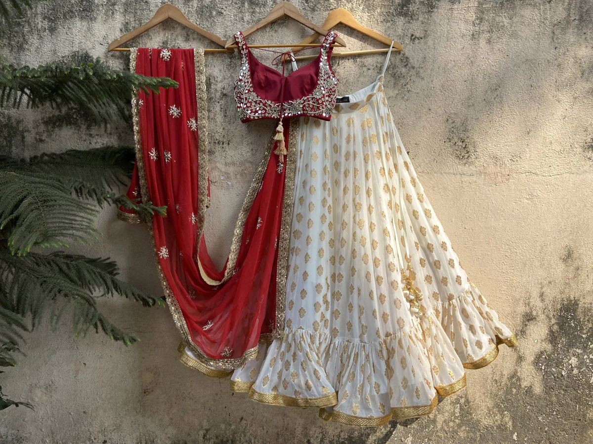 Ivory and Red Ruffle Lehenga Set - Image 3