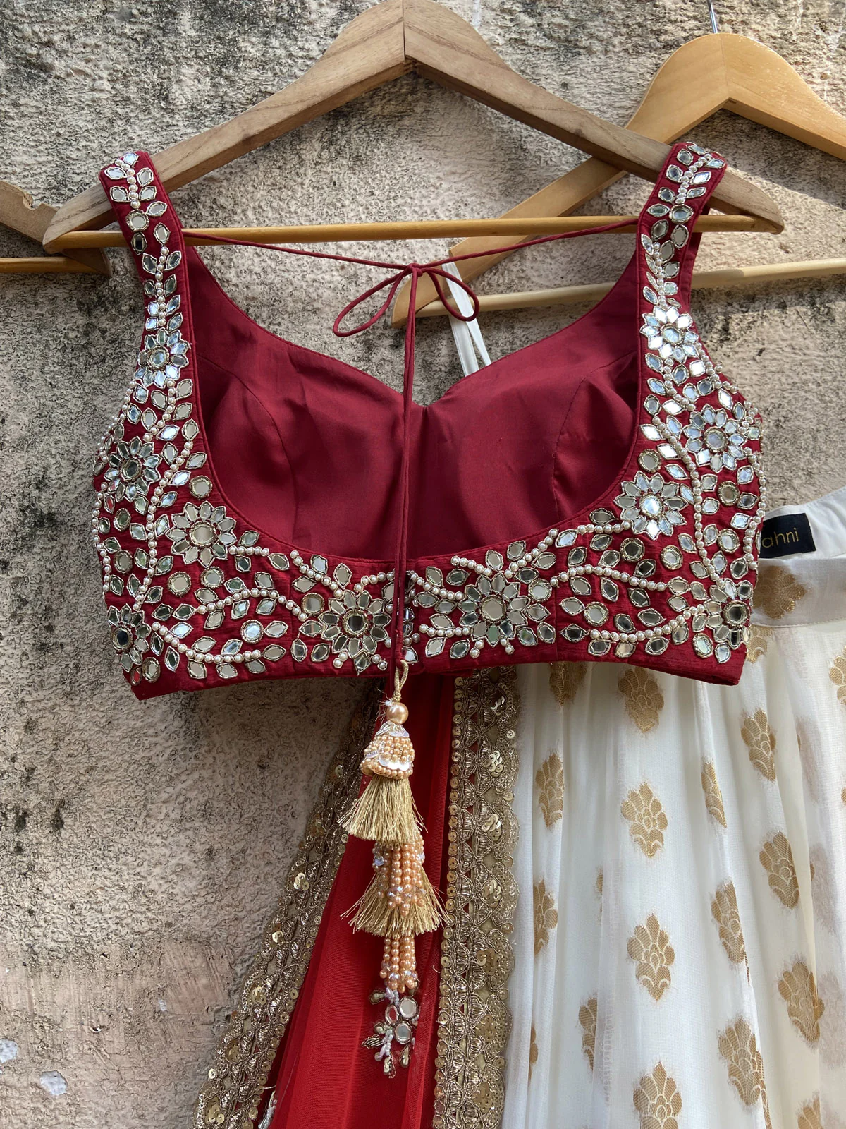 Ivory and Red Ruffle Lehenga Set - Image 4