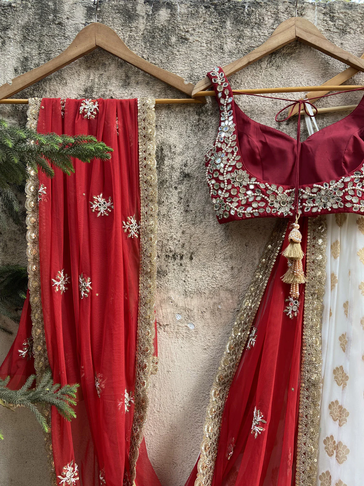 Ivory and Red Ruffle Lehenga Set - Image 5