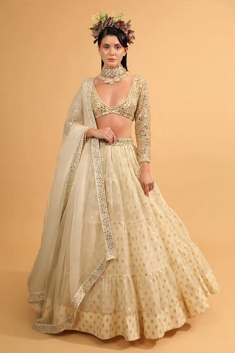 Ivory Cotton Shantoon Banarasi Organza Tiered Lehenga Set