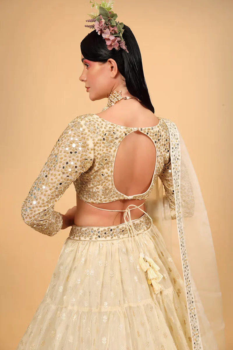 Ivory Cotton Shantoon Banarasi Organza Tiered Lehenga Set - Image 2