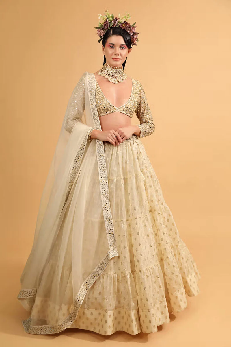 Ivory Cotton Shantoon Banarasi Organza Tiered Lehenga Set - Image 3