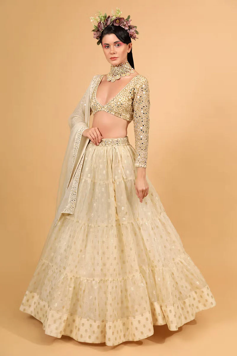 Ivory Cotton Shantoon Banarasi Organza Tiered Lehenga Set - Image 4