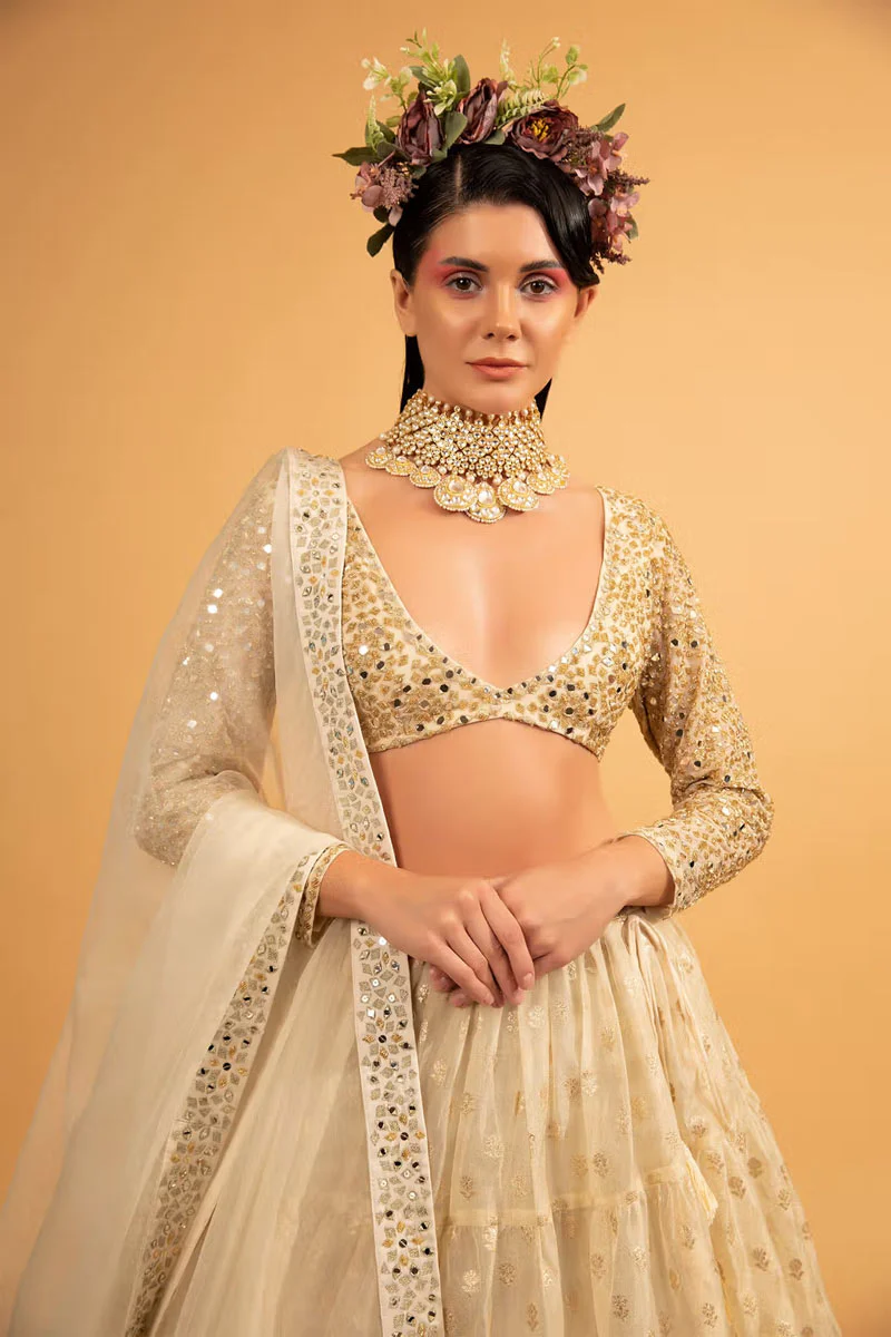 Ivory Cotton Shantoon Banarasi Organza Tiered Lehenga Set - Image 5
