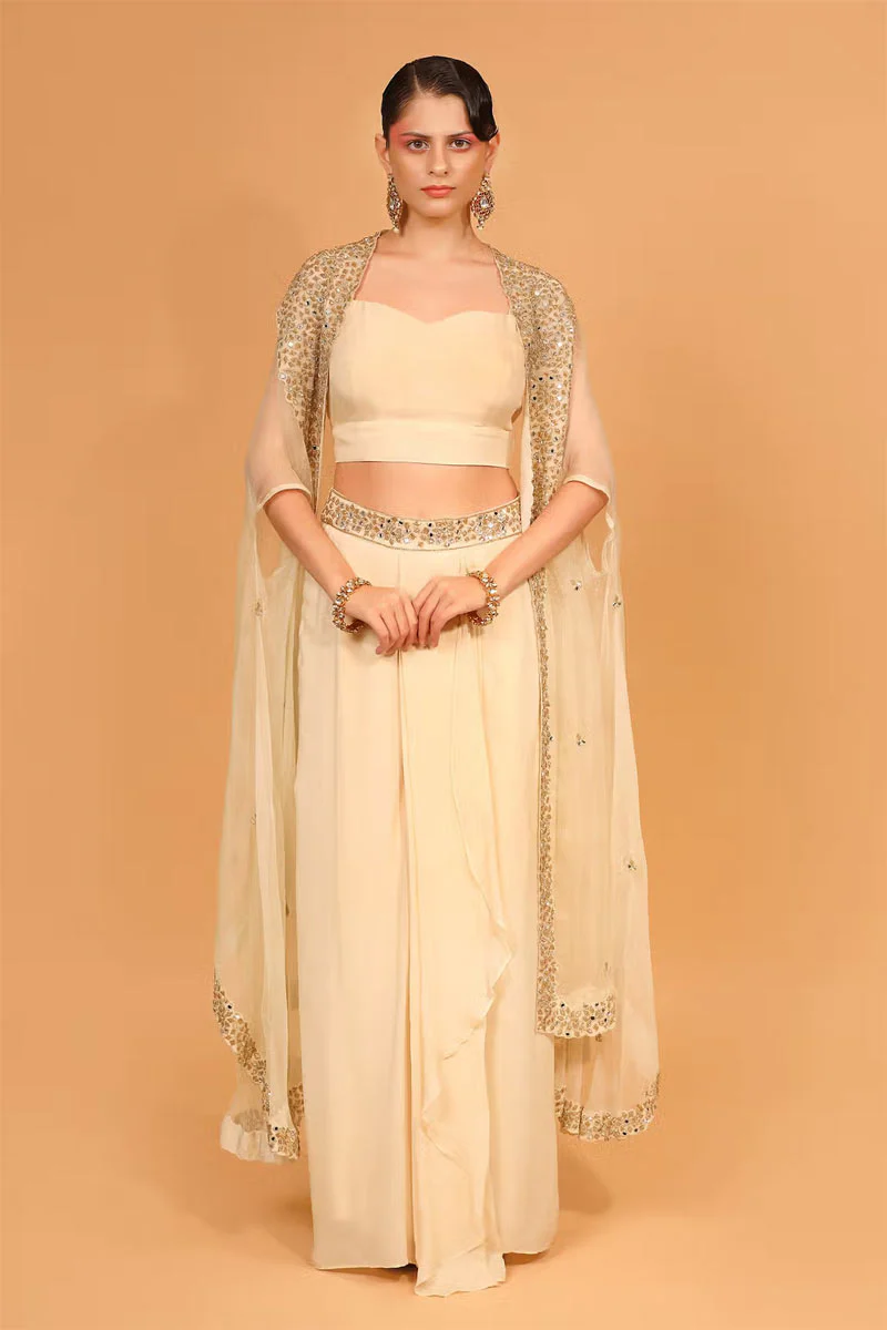 Ivory Cotton Shantoon Embroidered Cape With Dhoti Pant Set