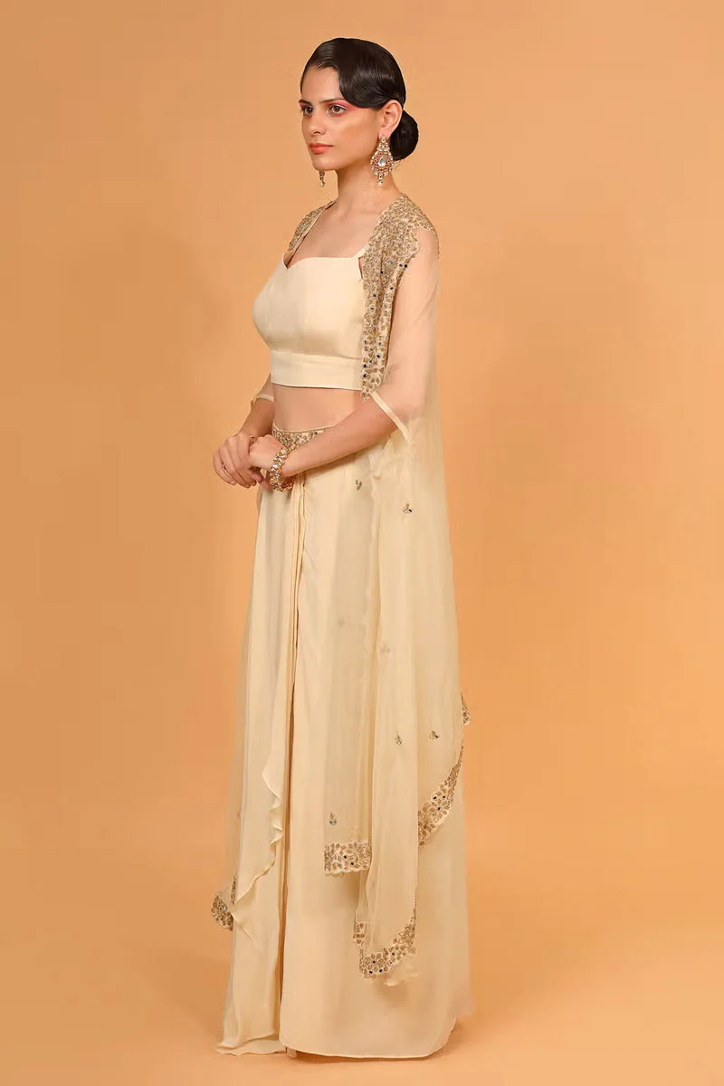 Ivory Cotton Shantoon Embroidered Cape With Dhoti Pant Set - Image 3