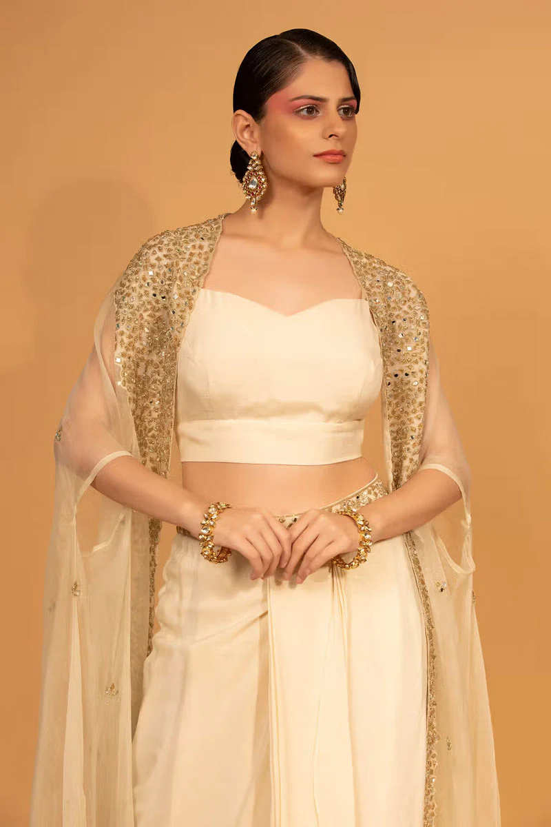 Ivory Cotton Shantoon Embroidered Cape With Dhoti Pant Set - Image 4