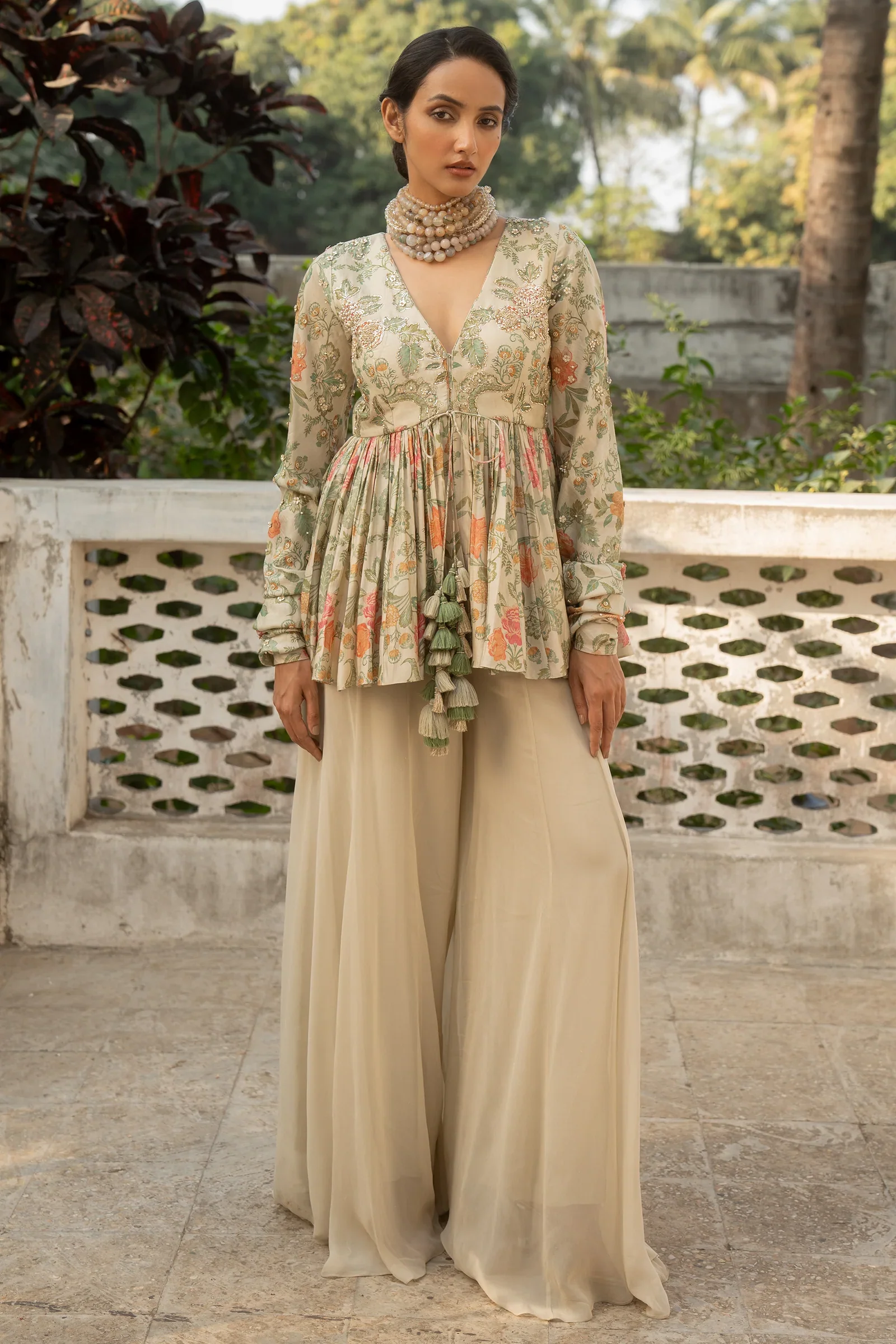 Ivory Floral Print Embroidered Peplum Set With Palazzo Pants