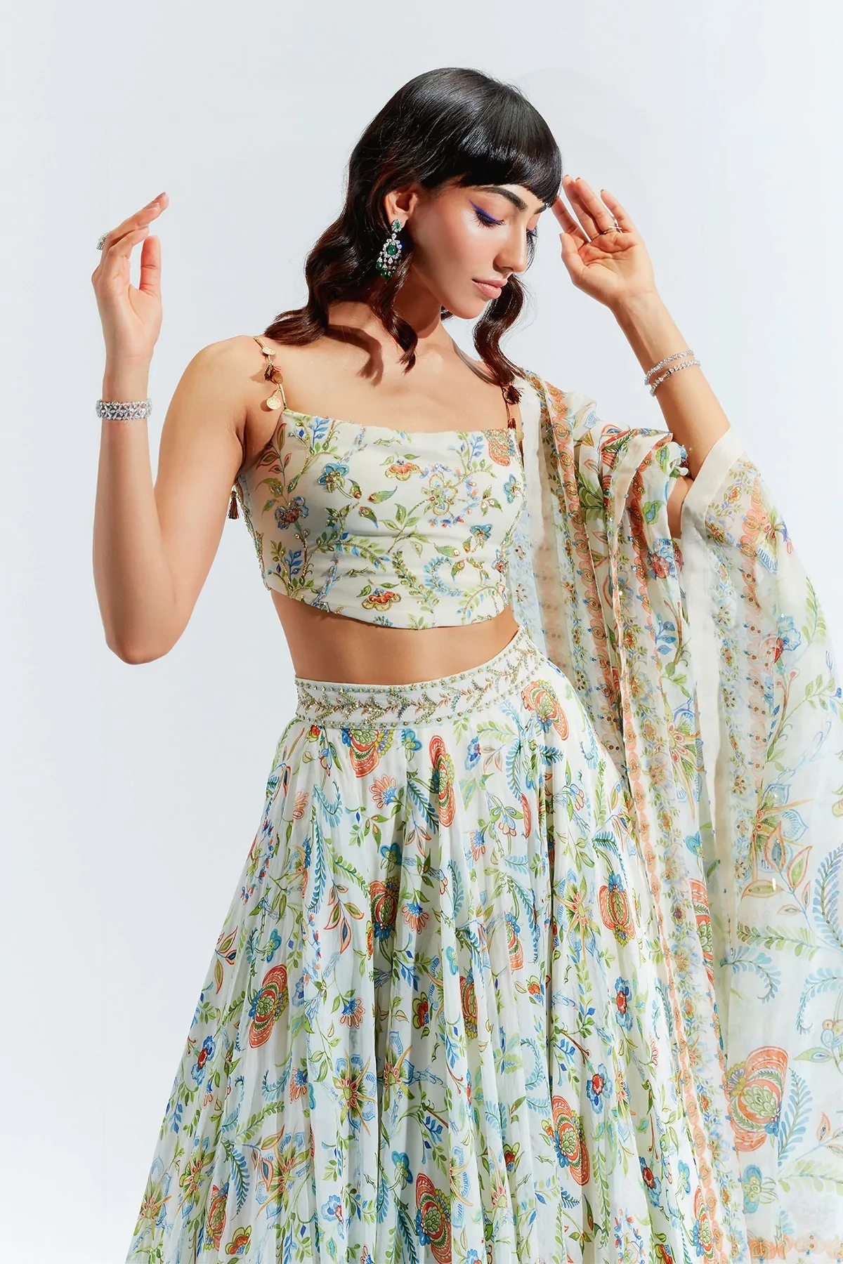 Ivory Georgette Amira Floral Print Lehenga Set - Image 4