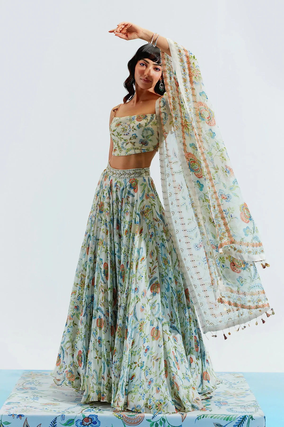 Ivory Georgette Amira Floral Print Lehenga Set - Image 6