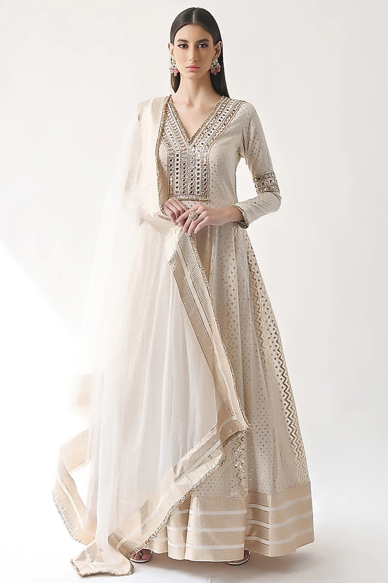 Ivory Hand Embroidered Kalidar Anarkali Set