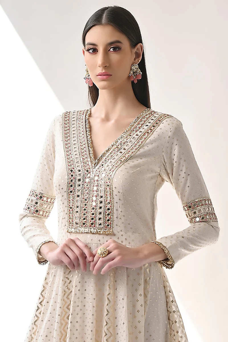 Ivory Hand Embroidered Kalidar Anarkali Set - Image 3