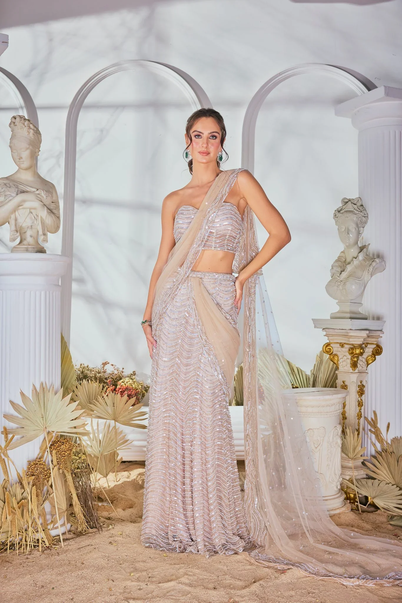 Ivory Hand Embroidered Pre-Draped Saree