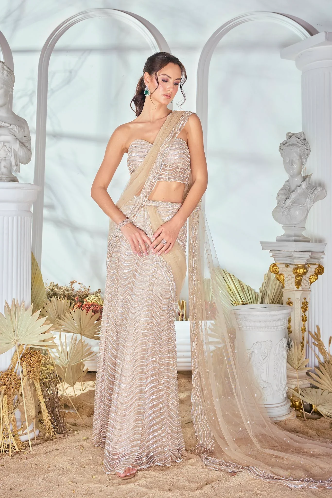 Ivory Hand Embroidered Pre-Draped Saree - Image 4