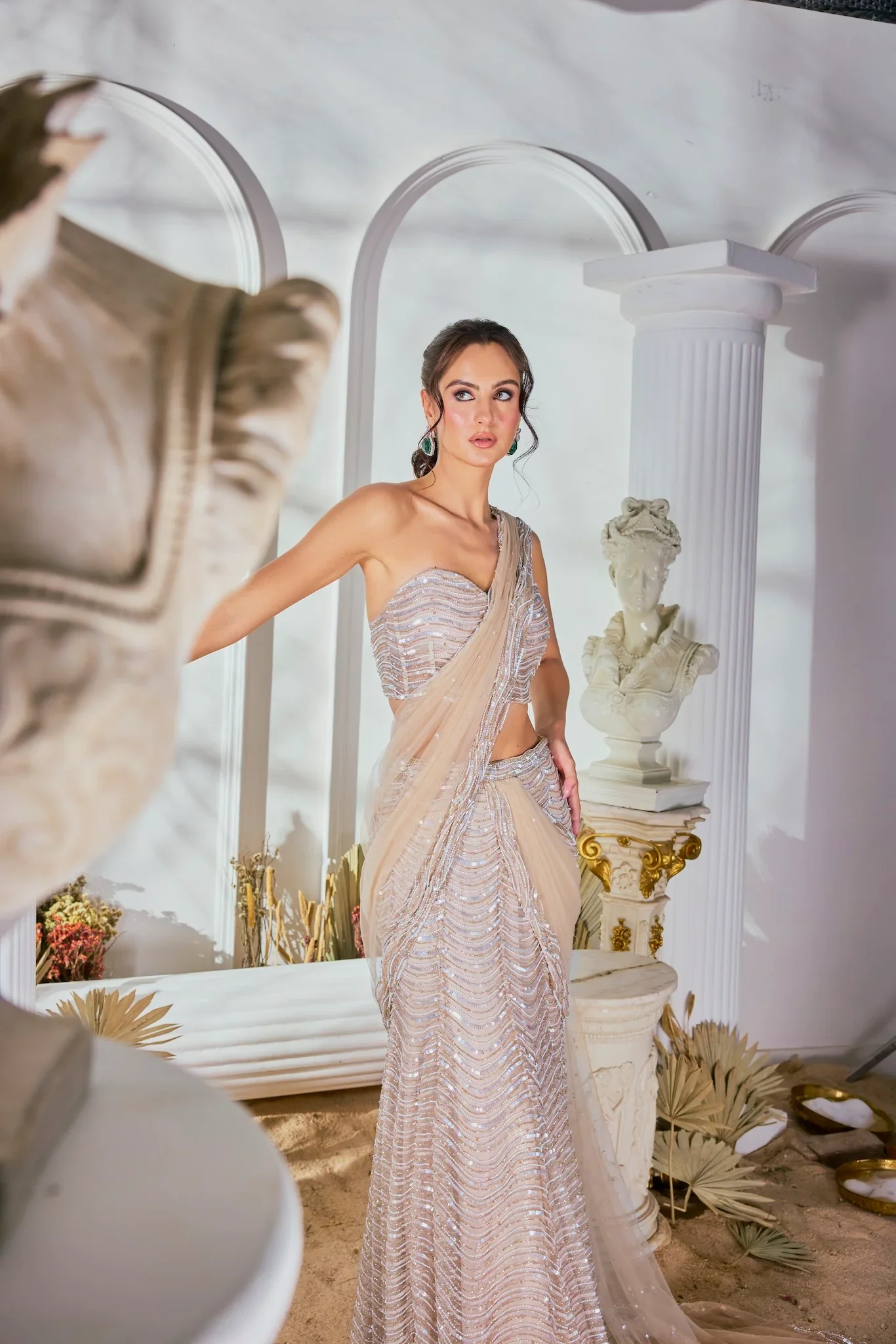Ivory Hand Embroidered Pre-Draped Saree - Image 5