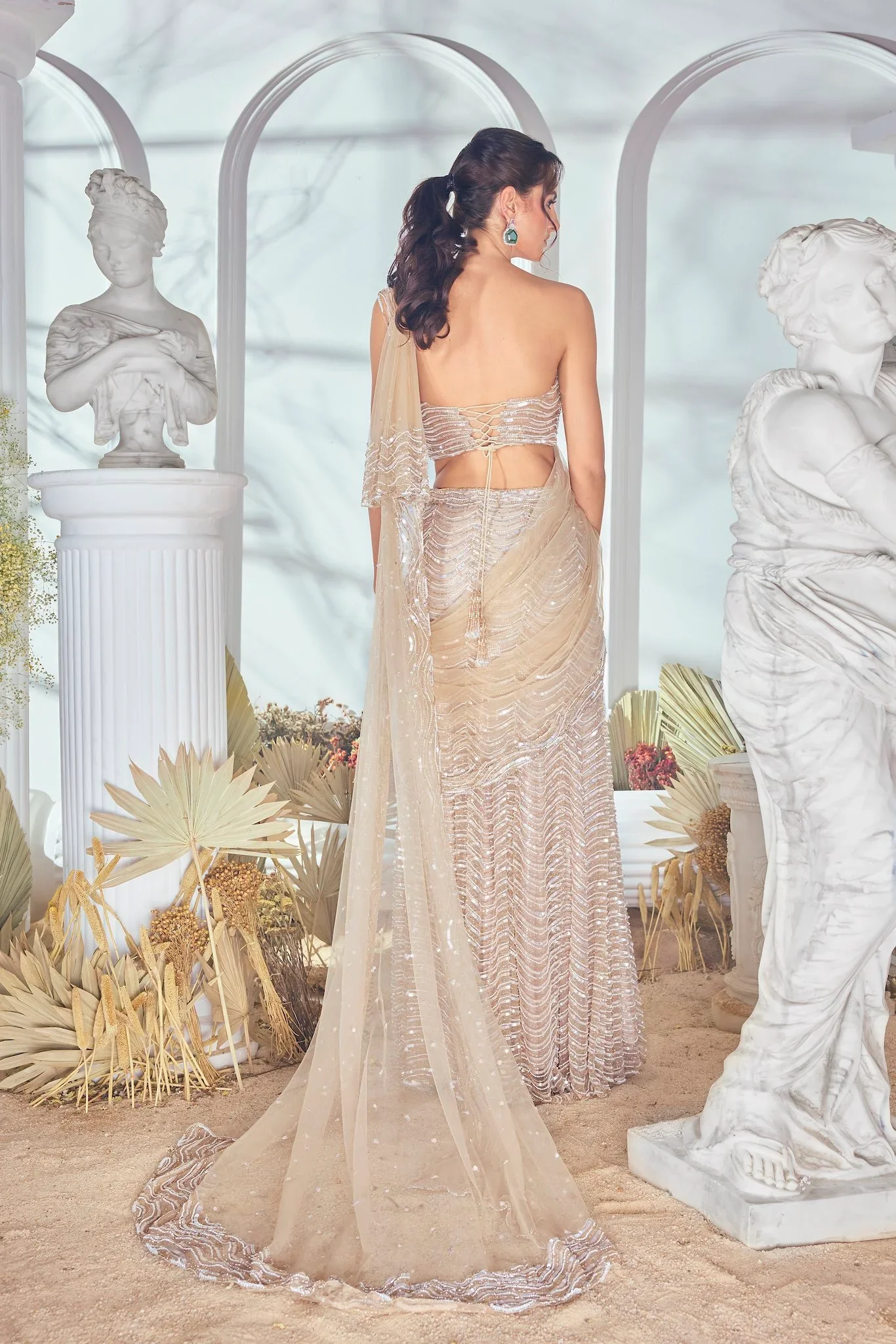Ivory Hand Embroidered Pre-Draped Saree - Image 6