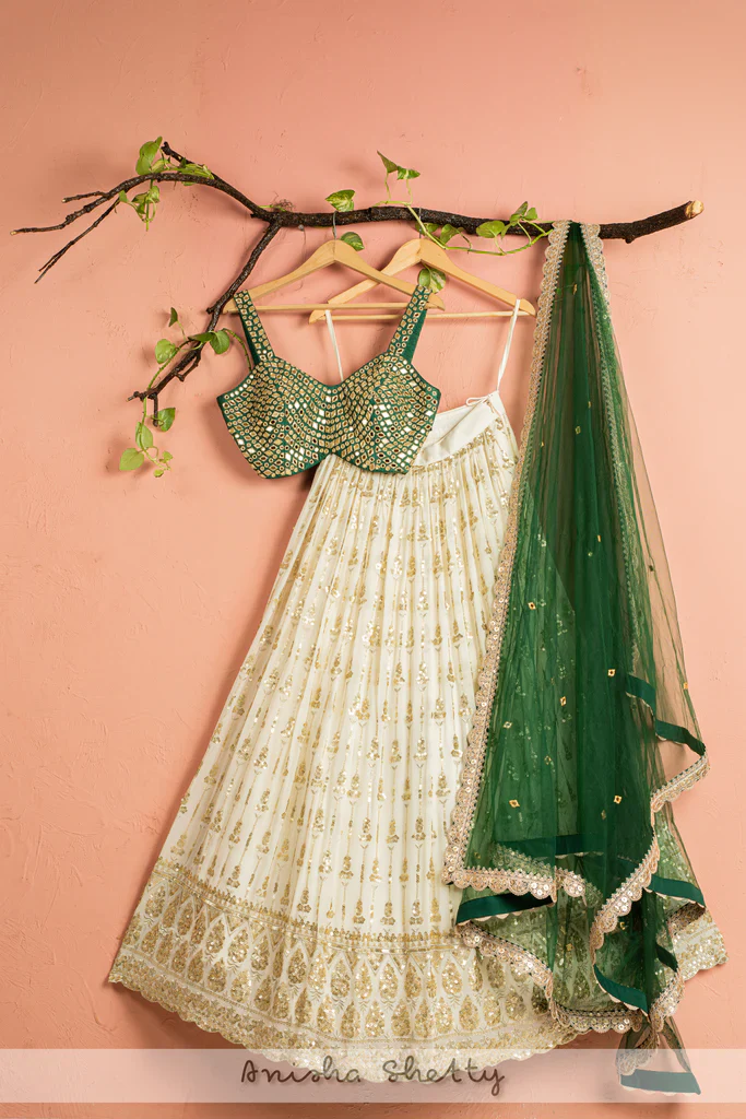 Ivory Lehenga With Forest Green Mirror Blouse & Dupatta