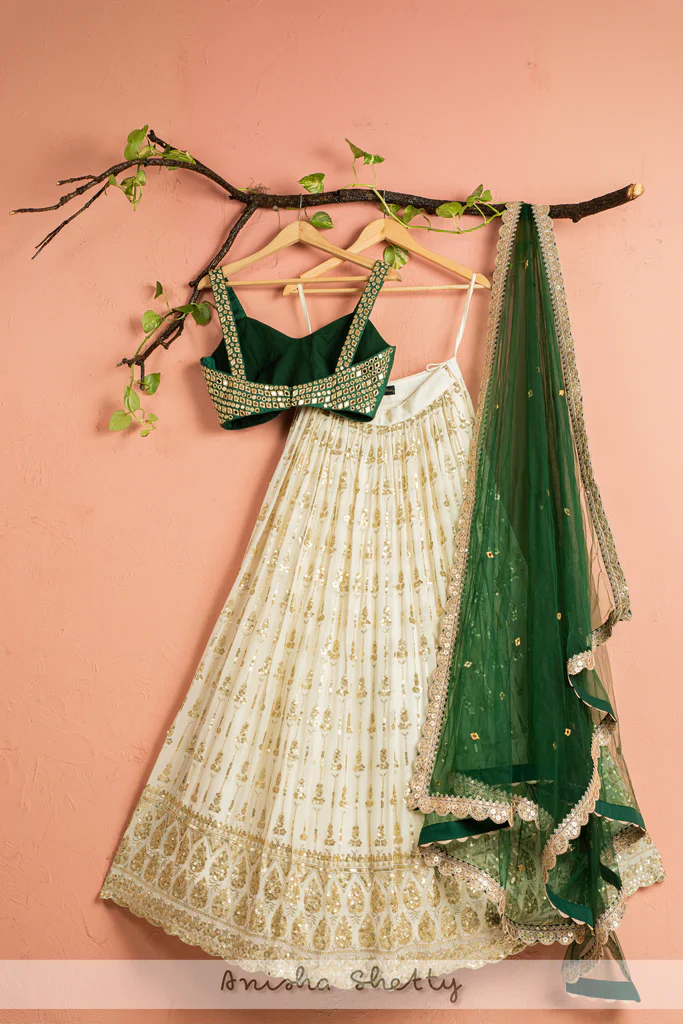 Ivory Lehenga With Forest Green Mirror Blouse & Dupatta - Image 3