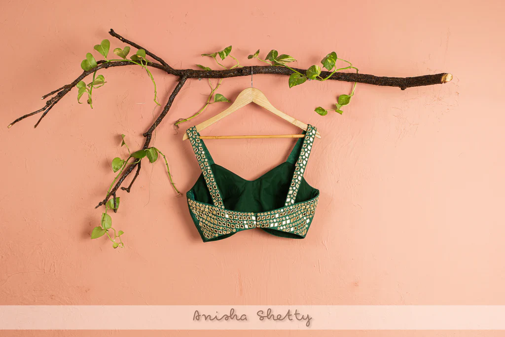 Ivory Lehenga With Forest Green Mirror Blouse & Dupatta - Image 4