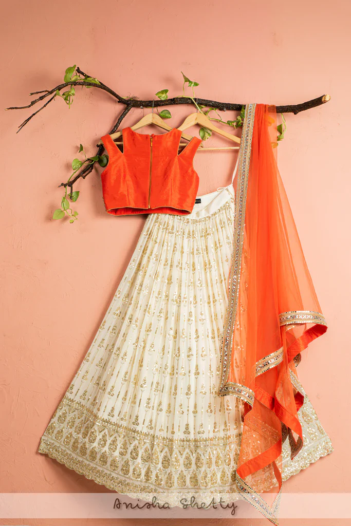 Ivory Lehenga With Orange Mirror Blouse & Dupatta - Image 3