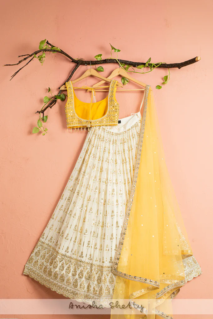Ivory Lehenga With Pineapple Yellow Mirror Blouse & Dupatta - Image 3