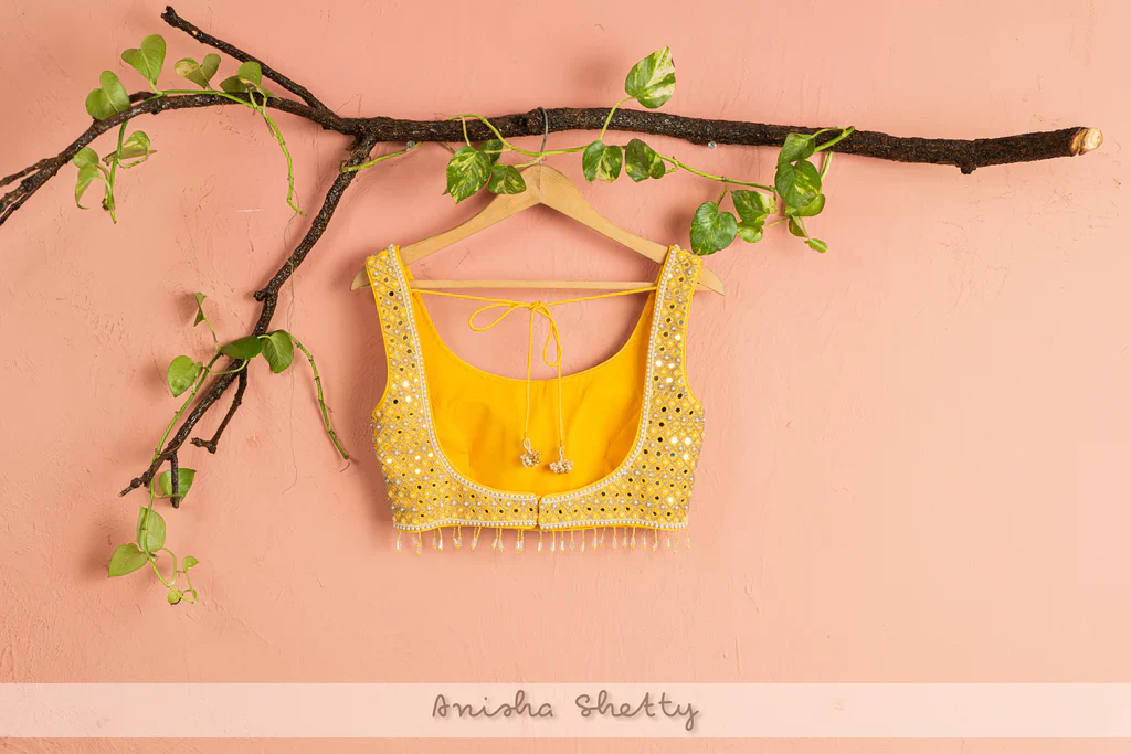 Ivory Lehenga With Pineapple Yellow Mirror Blouse & Dupatta - Image 4