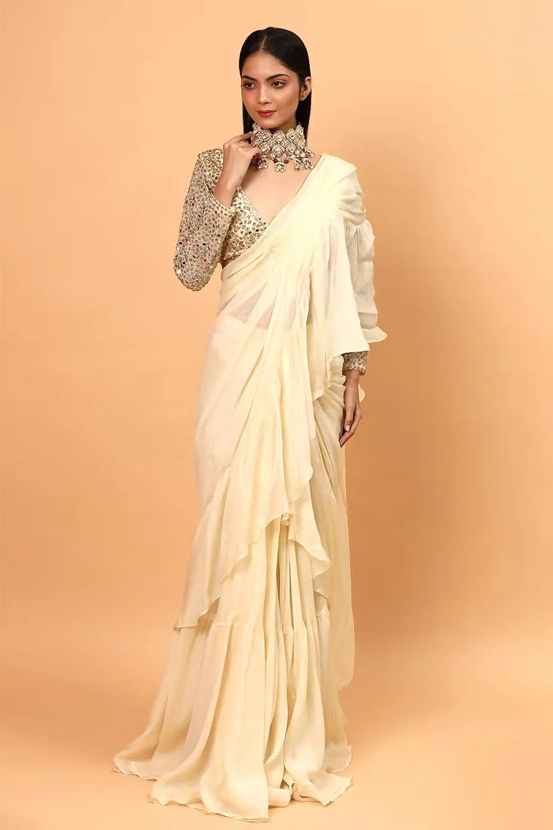 Ivory Lycra Ruffle Pre-Draped Saree With Blouse - Image 3