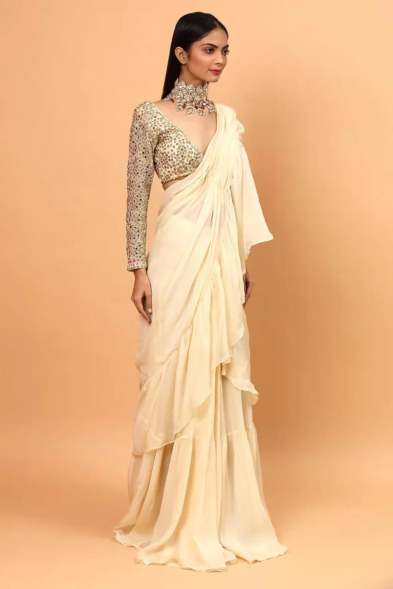 Ivory Lycra Ruffle Pre-Draped Saree With Blouse - Image 4