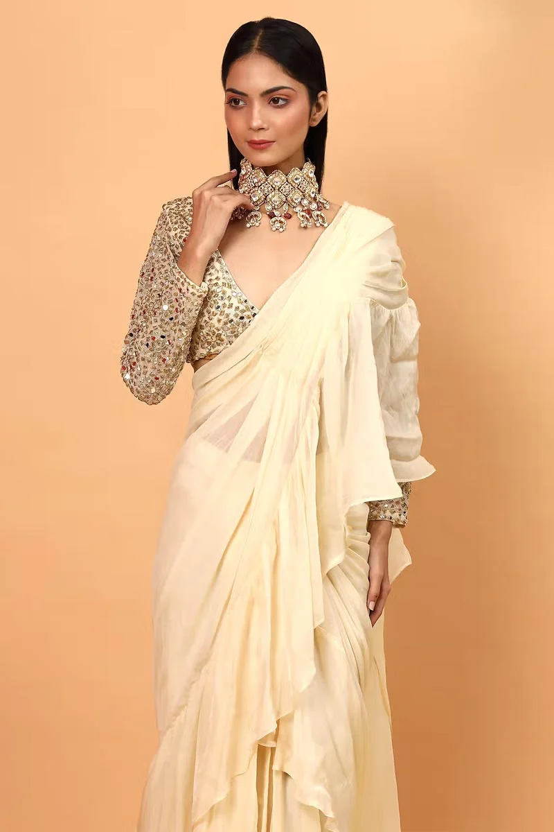 Ivory Lycra Ruffle Pre-Draped Saree With Blouse - Image 5
