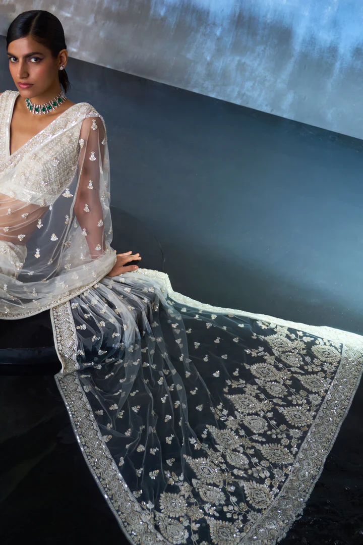 Ivory Net Saree - Image 5