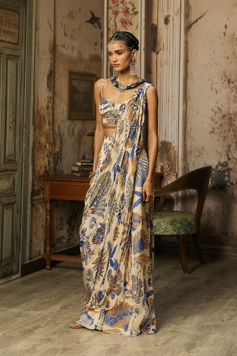 Ivory Printed And Highlighted Sharara Pants Saree Set - Image 2