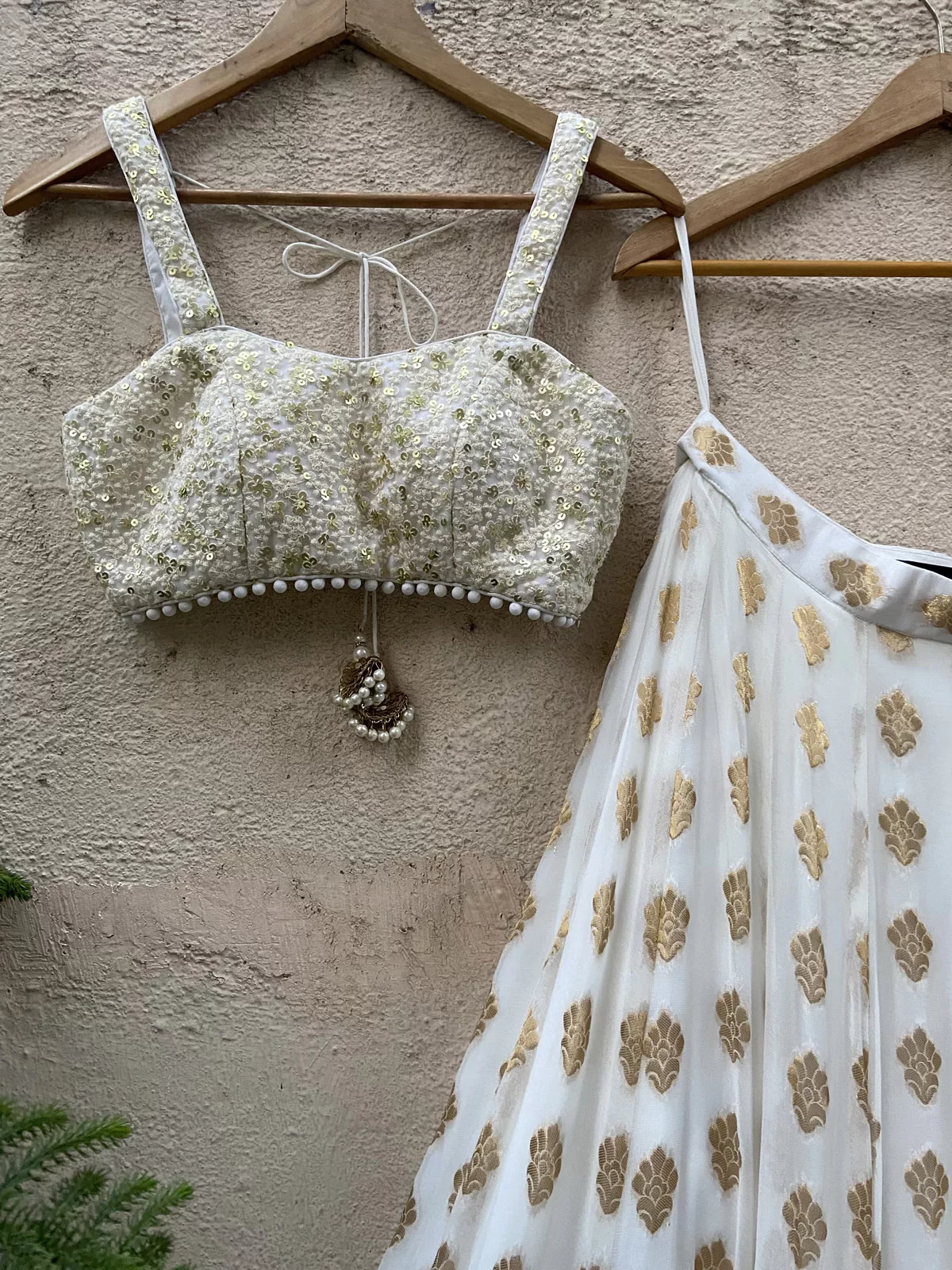 Ivory Ruffle Lehenga Set with Thread Work Bustier - Image 2