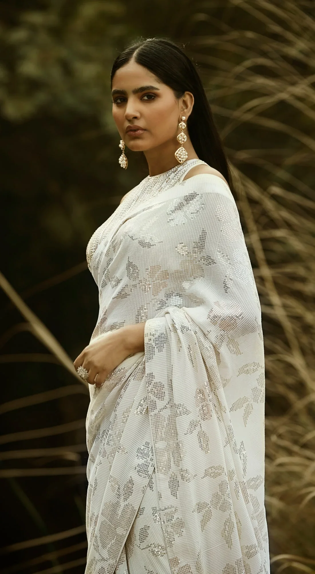 Ivory Sequins Pre Draped Saree - Image 3