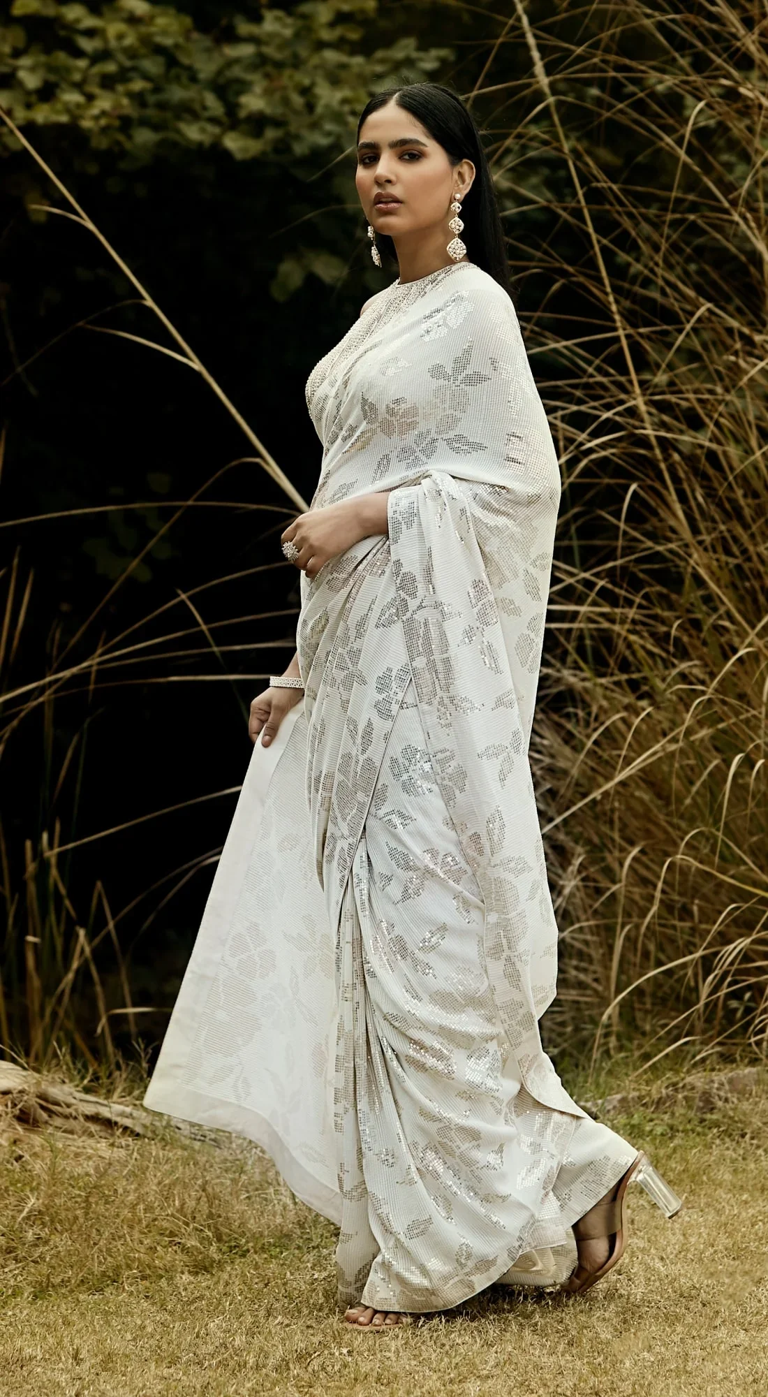 Ivory Sequins Pre Draped Saree - Image 4