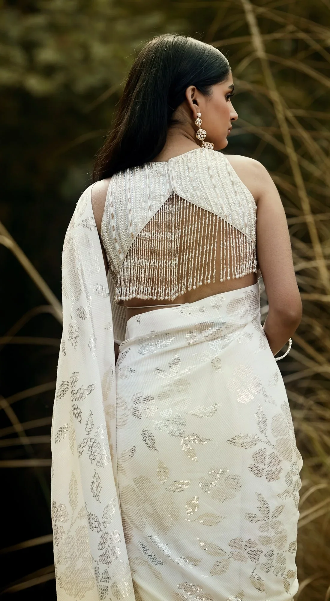 Ivory Sequins Pre Draped Saree - Image 5