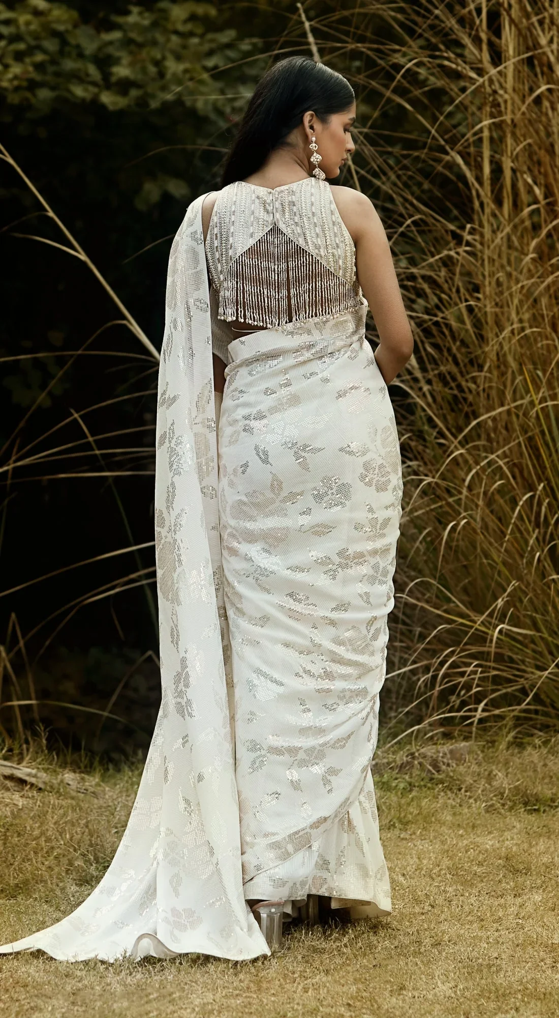 Ivory Sequins Pre Draped Saree - Image 6