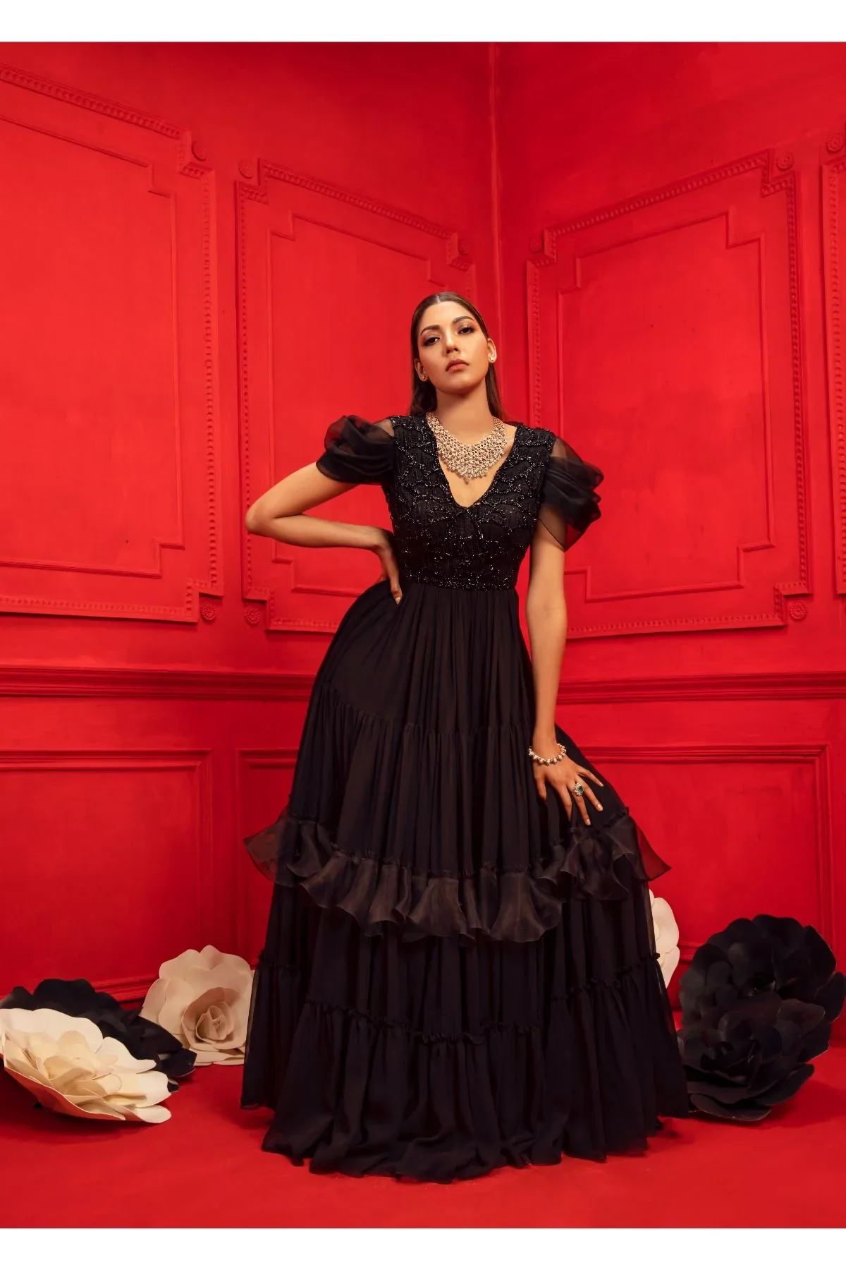 Izra Black Georgette Embroidered Layered Gown - Image 3