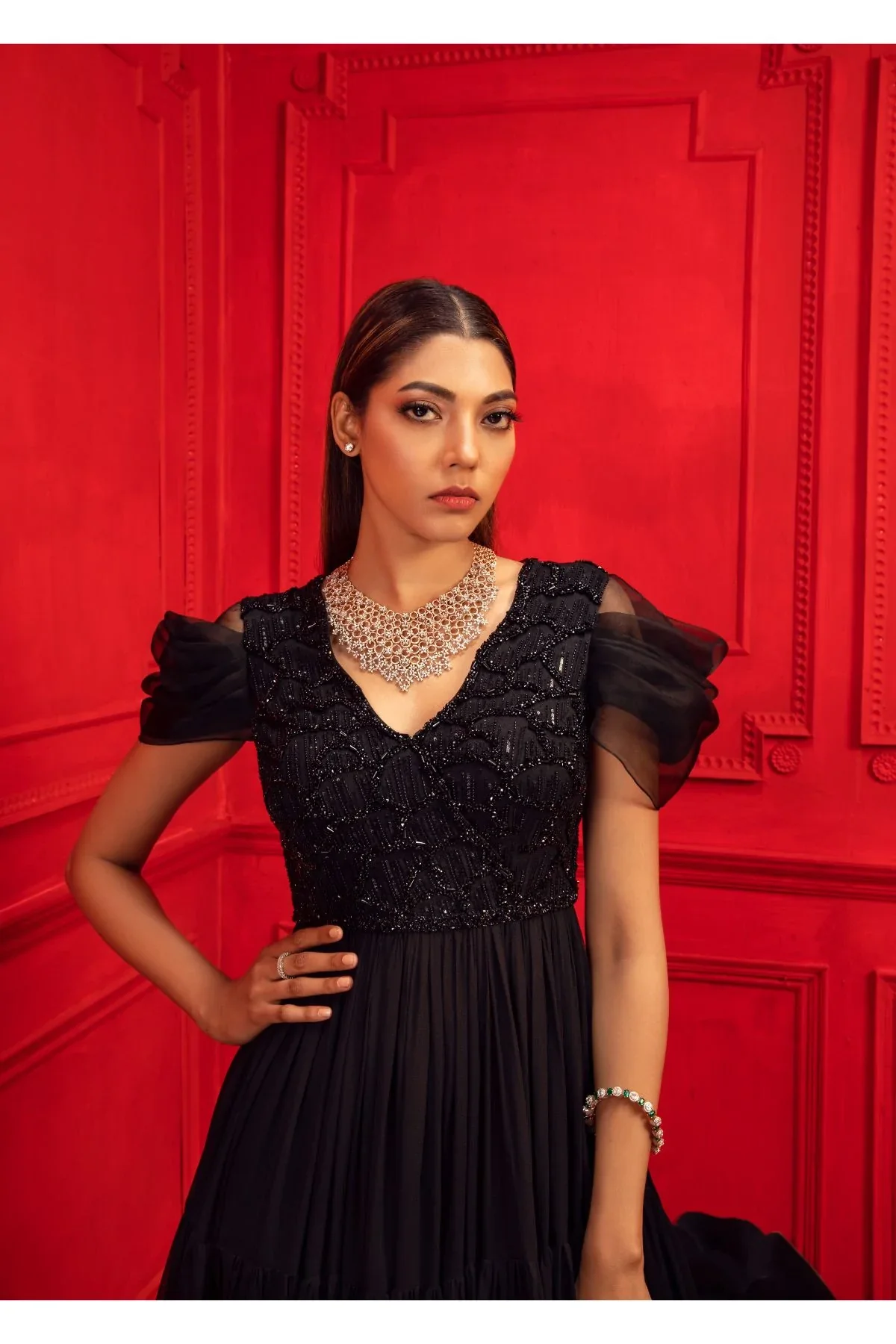 Izra Black Georgette Embroidered Layered Gown - Image 4