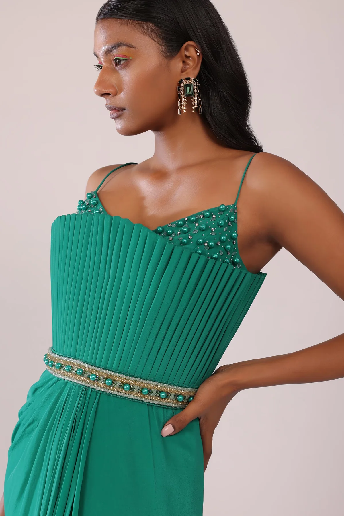 Jade Green Crepe Gown Adorned With Moti And Beads - Image 2