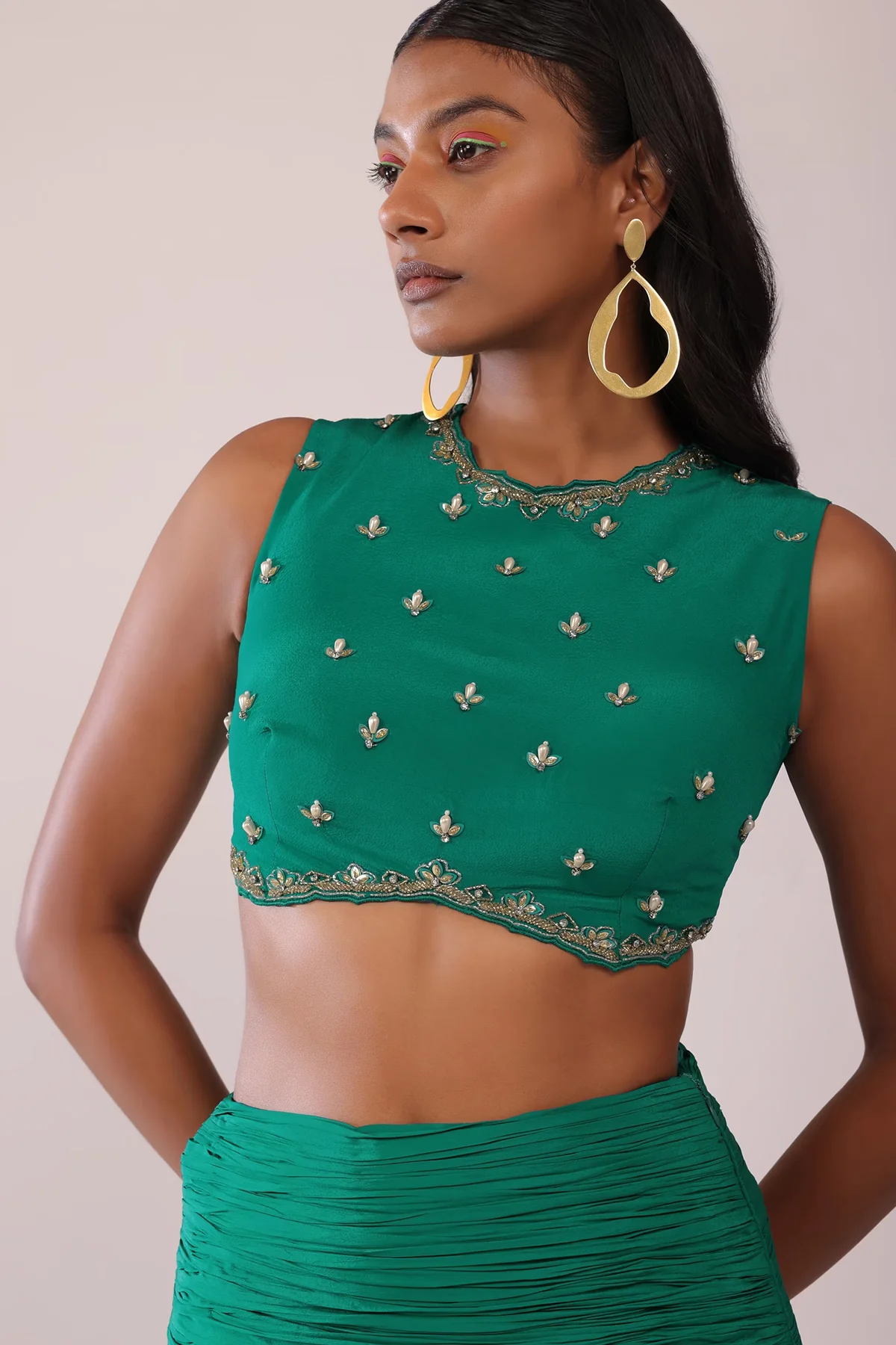 Jade Green Skirt And Blouse Set In Crepe With Hand Work - Image 2