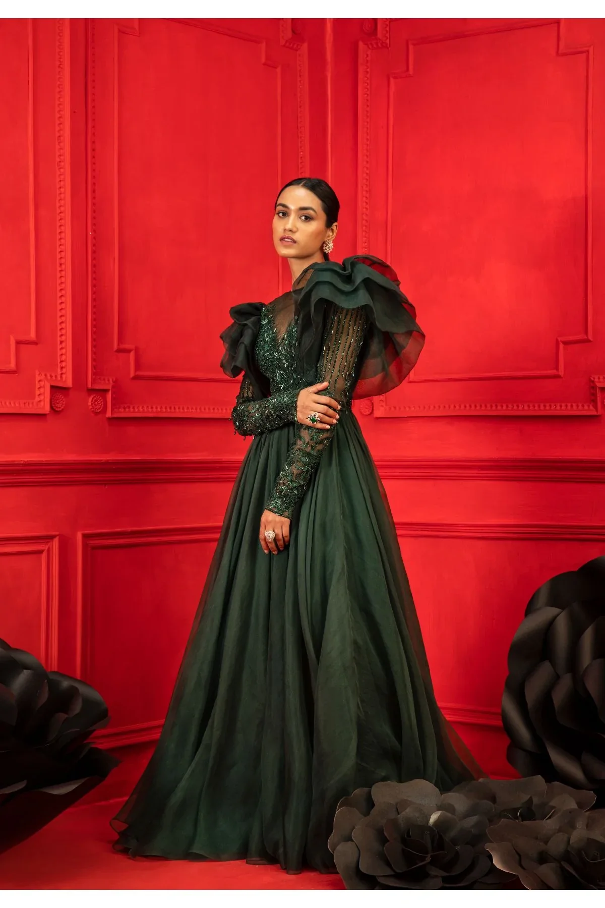 Jahanara Green Net Embroidered Ruffle Gown - Image 3