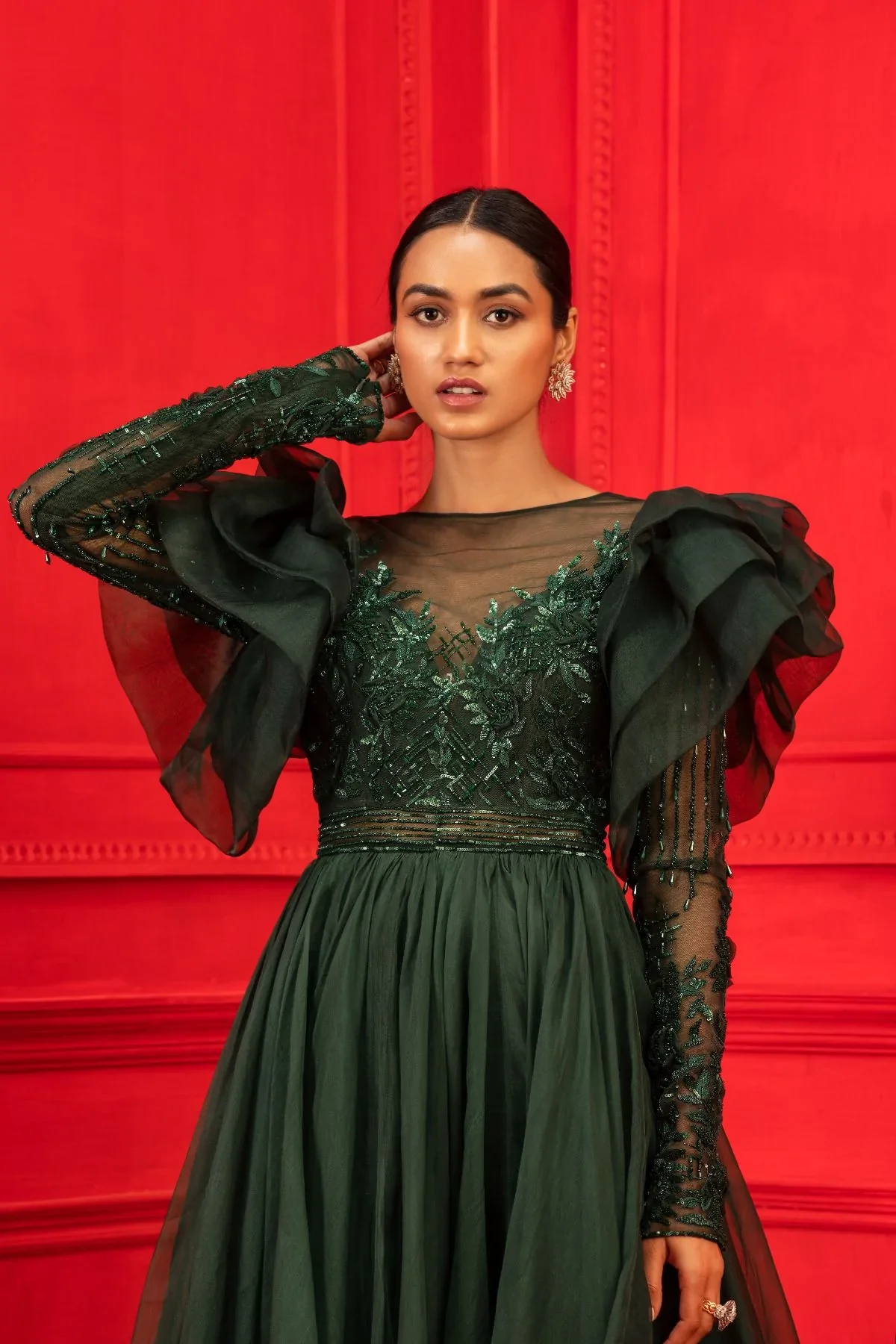 Jahanara Green Net Embroidered Ruffle Gown - Image 4