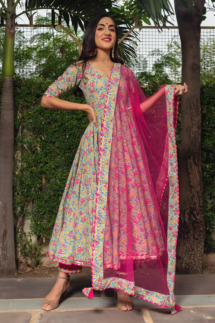 Jaipur hand blocked cotton anarkali set
