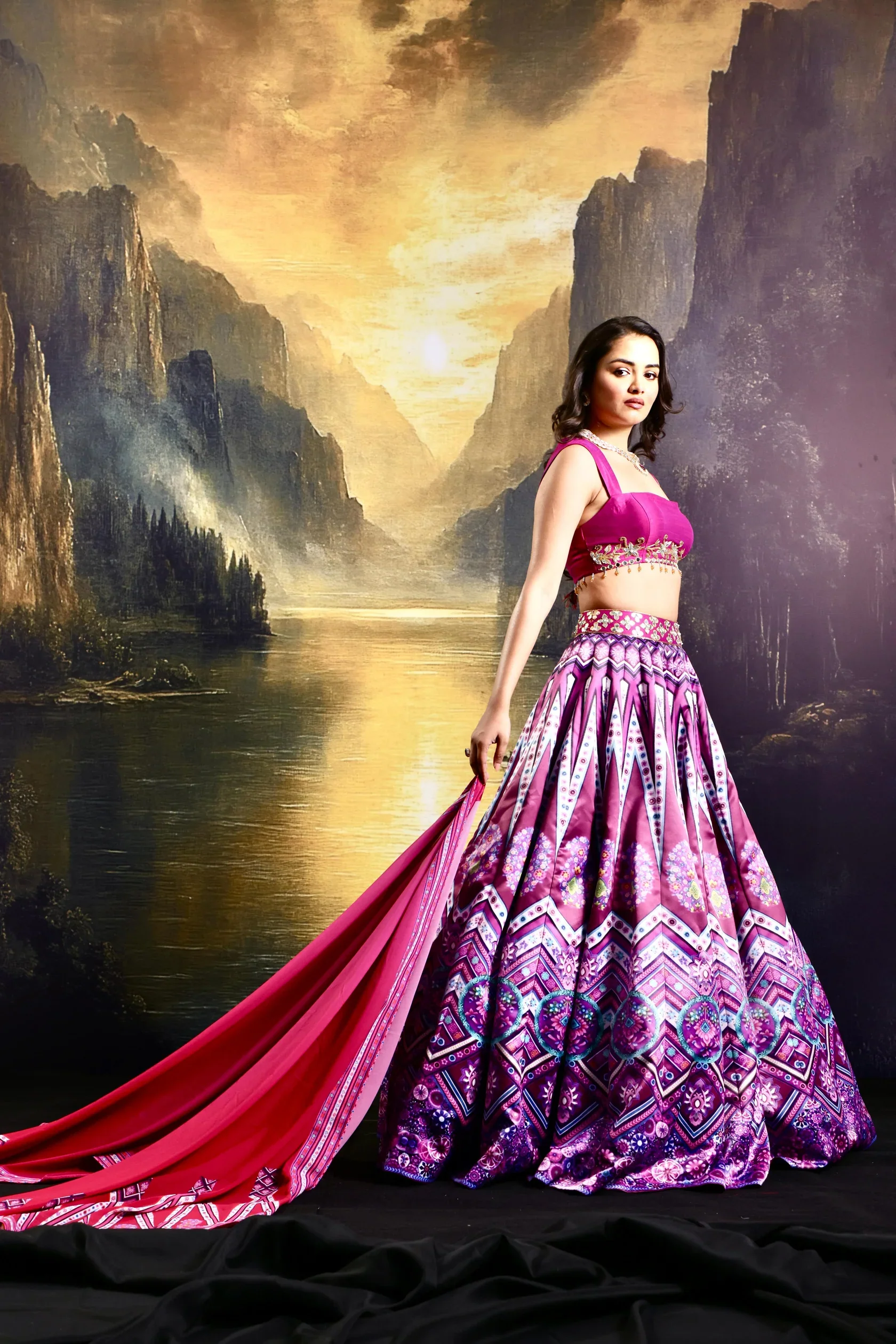 Jamilla Magenta Satin Printed Lehenga Set