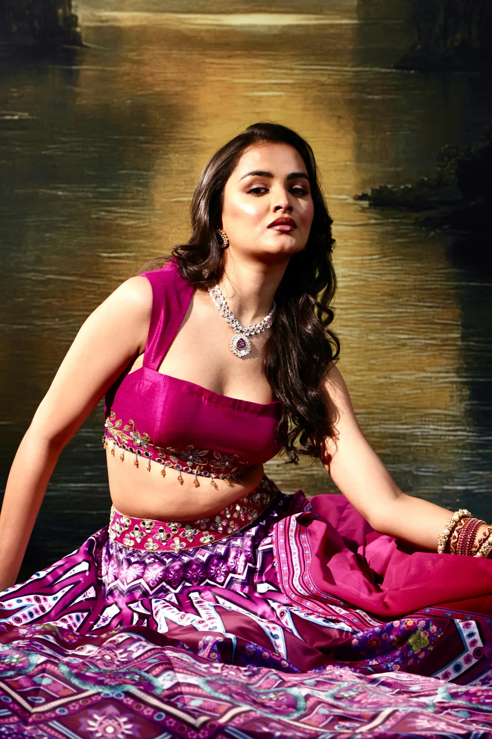 Jamilla Magenta Satin Printed Lehenga Set - Image 3